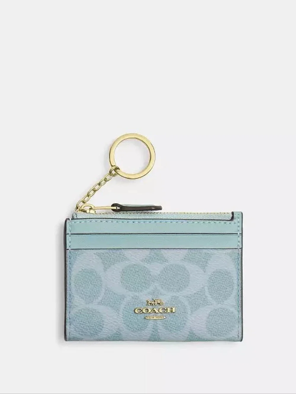NWT! Coach Light Blue Signature Card Case with Gold Keyring